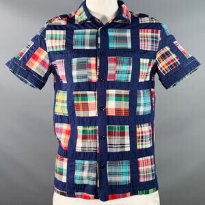 MONITALY Size L Navy Multi Color Madras Cotton Two Pockets Short Sleeve Shirt